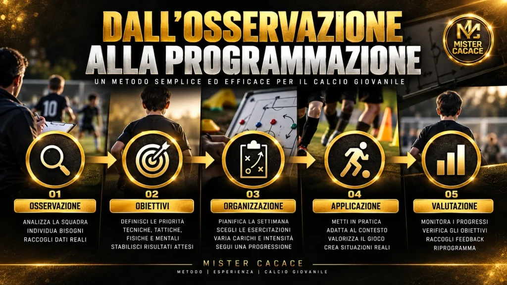 Schema della programmazione settimanale nel calcio giovanile con osservazione, obiettivi, esercitazioni e verifica.