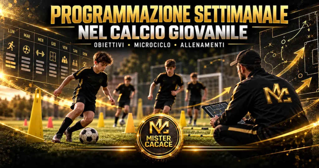 Programmazione settimanale nel calcio giovanile, guida Mister Cacace per organizzare microciclo e allenamenti.