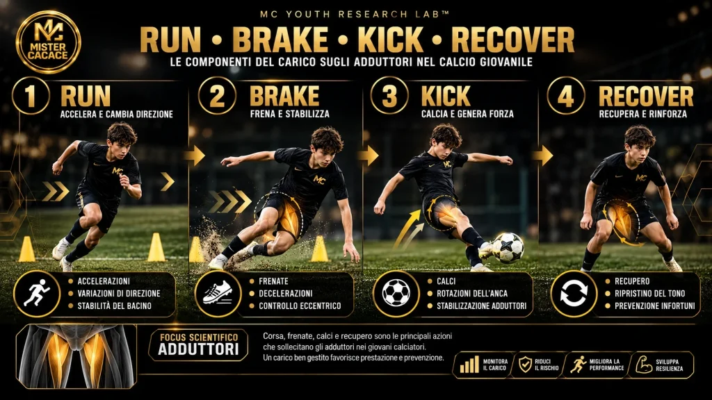 Ricerca scientifica calcio giovanile: corsa, frenate, calci e recupero degli adduttori.