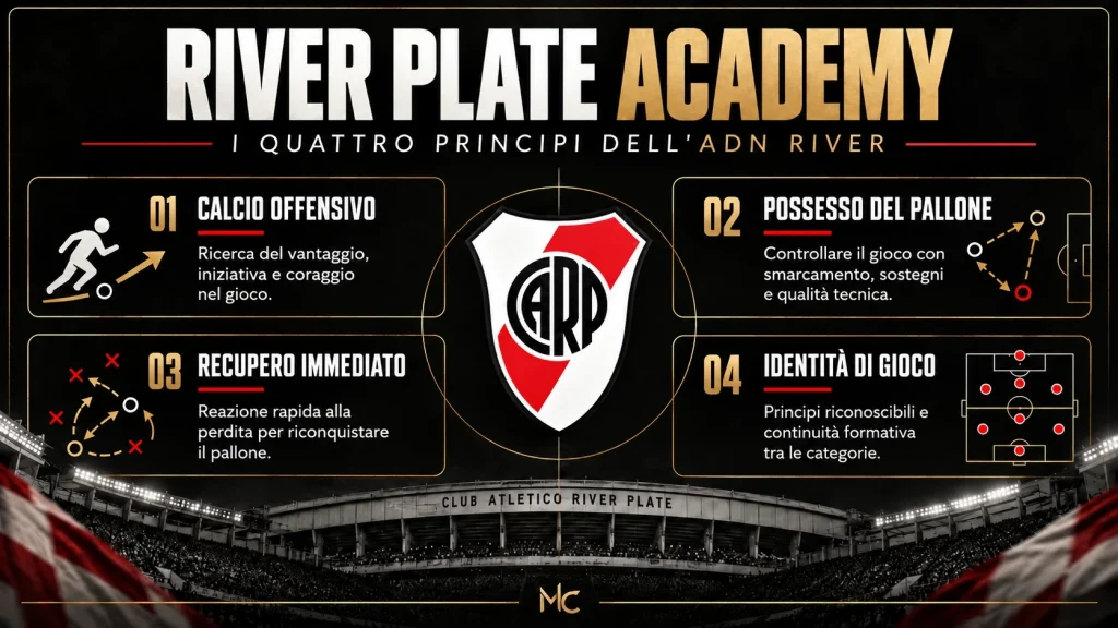 Infografica dei quattro principi ADN River: calcio offensivo, possesso, recupero immediato e identità di gioco.