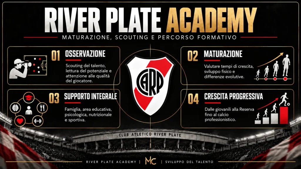 Percorso formativo del giovane calciatore River Plate: osservazione, maturazione, supporto integrale e crescita.