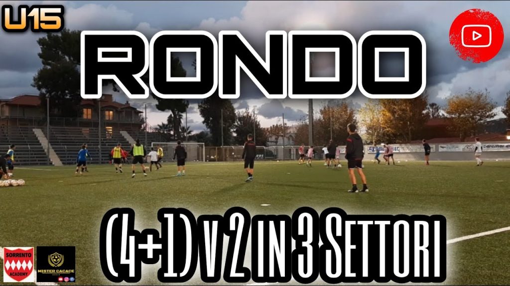 Rondo 4+1 contro 2 in tre settori con transizioni, esercitazione U15 Sorrento Academy nel video di Mister Cacace