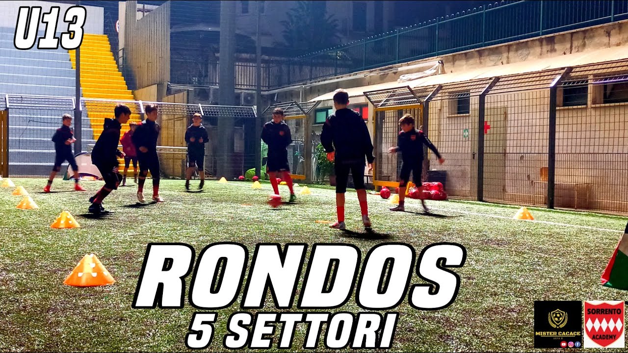 Rondos in 5 settori U13: esercitazione di possesso palla con quattro step, video originale Mister Cacace