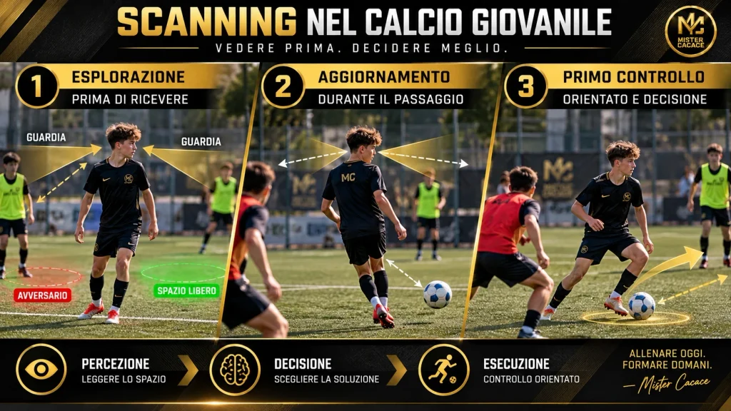 Sequenza dello scanning nel calcio giovanile prima del passaggio e del controllo orientato