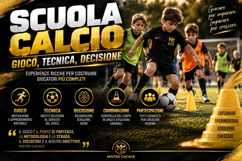 Scuola calcio Pulcini ed Esordienti, metodologia basata su gioco, tecnica, coordinazione e decisione.