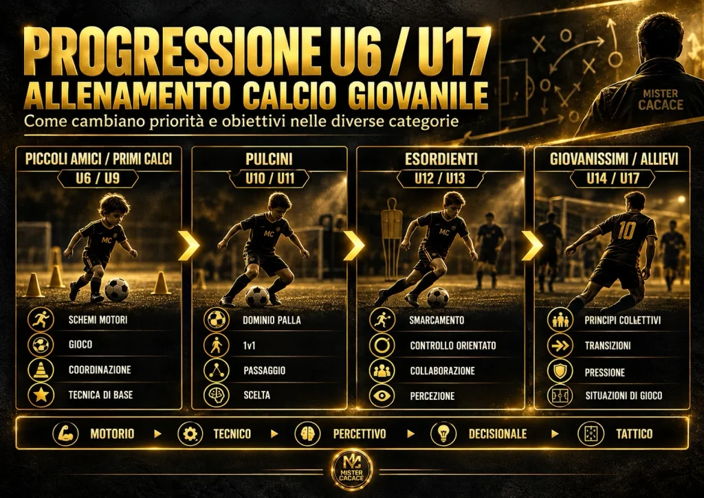 Progressione degli obiettivi di allenamento calcio giovanile da Piccoli Amici e Primi Calci fino agli Allievi