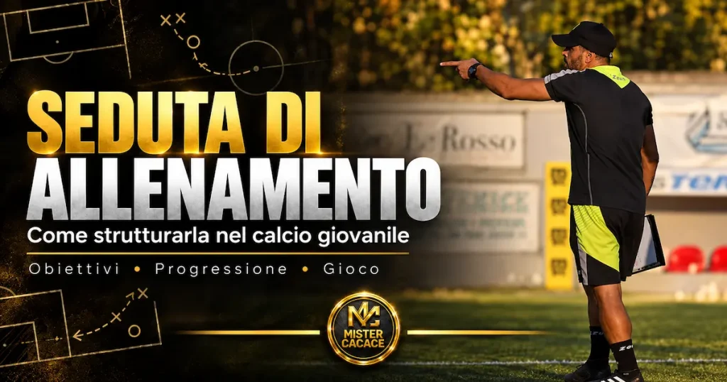 Allenatore di calcio giovanile durante una seduta di allenamento con esercitazioni tecnico-tattiche