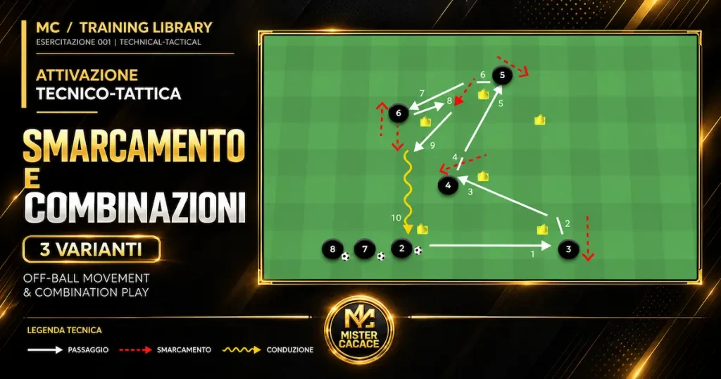 Smarcamento e combinazioni nel calcio giovanile: esercitazione tecnico-tattica con schema di passaggi, controlli orientati e movimenti senza palla.