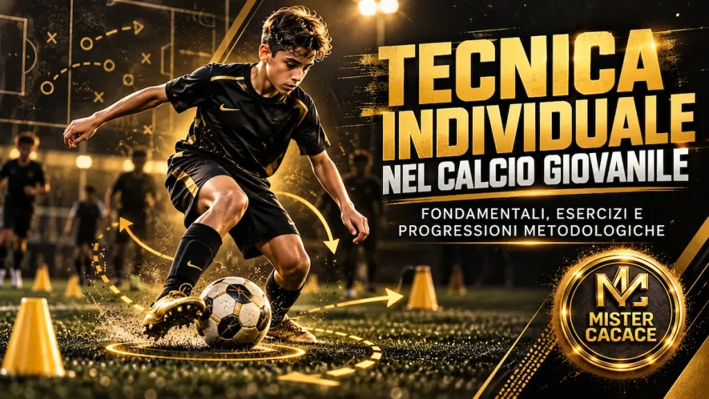 Giovani calciatori durante un allenamento di tecnica individuale nel calcio giovanile con controllo, passaggio e dribbling.