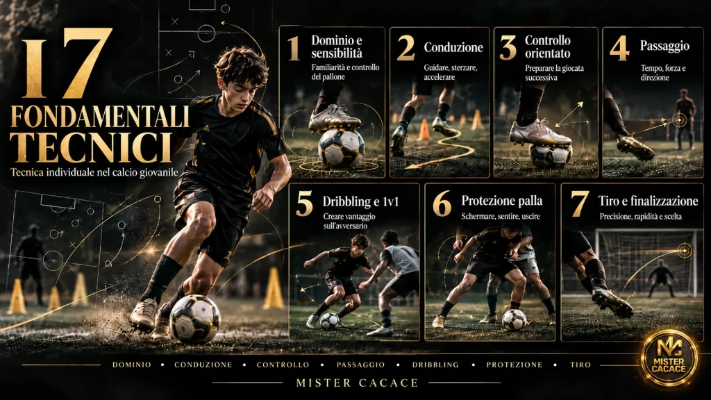 Sette fondamentali della tecnica individuale nel calcio giovanile: dominio, conduzione, controllo, passaggio, dribbling, protezione e tiro.