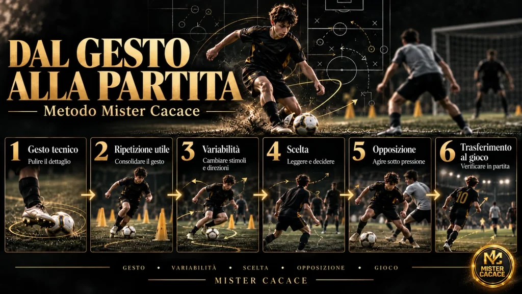 Metodo Mister Cacace per trasferire la tecnica individuale dal gesto alla partita attraverso variabilità, scelta e opposizione.