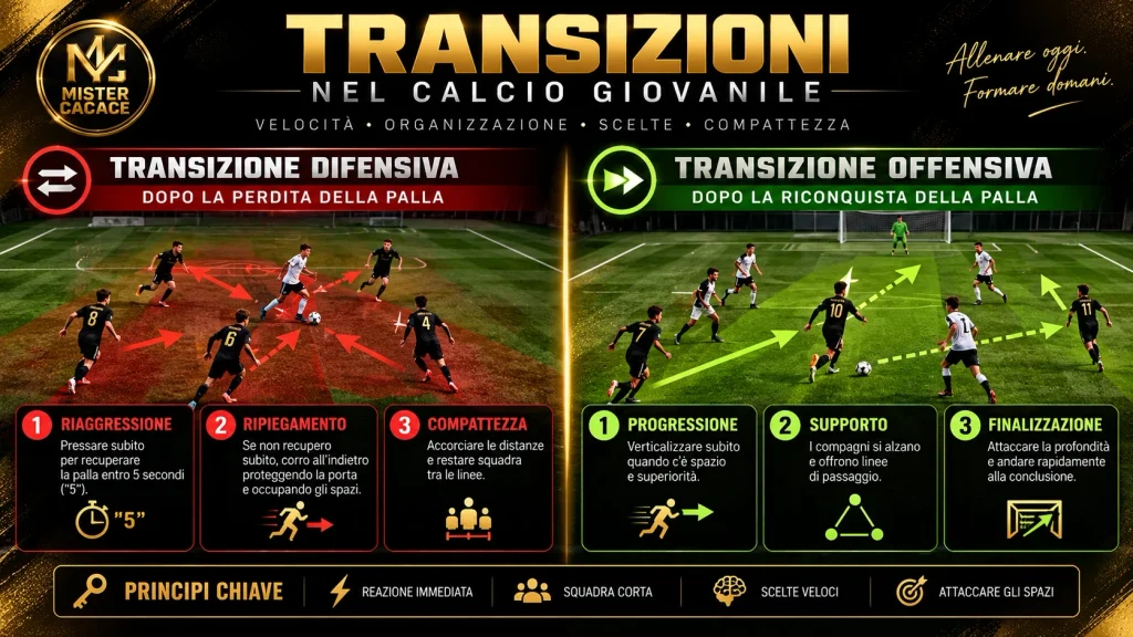 Transizioni offensive e difensive nel calcio giovanile con riaggressione ripiegamento e ripartenza