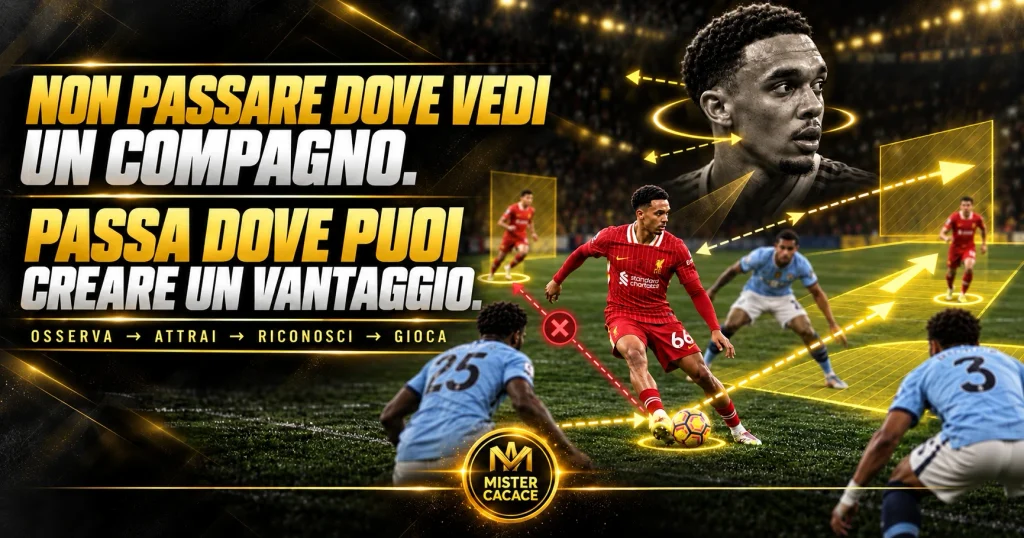 Trent Alexander-Arnold terzino con tre possibili linee di passaggio per creare vantaggio